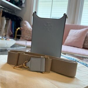 New- Tory Burch Light Blue Crossbody Bag with Tan Strap